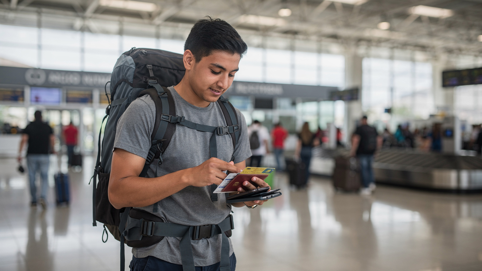 Un backpacker vérifiant ses documents de voyage et l'état de son eSIM sur son smartphone à l'arrivée à l'aéroport de Quito, Équateur, avec le terminal d'arrivée en arrière-plan.