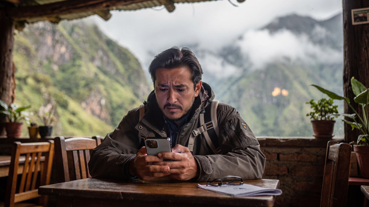 Un voyageur anxieux regarde son téléphone qui affiche "Pas de service" dans un petit café isolé des Andes équatoriennes, avec un paysage brumeux en arrière-plan visible par la fenêtre.