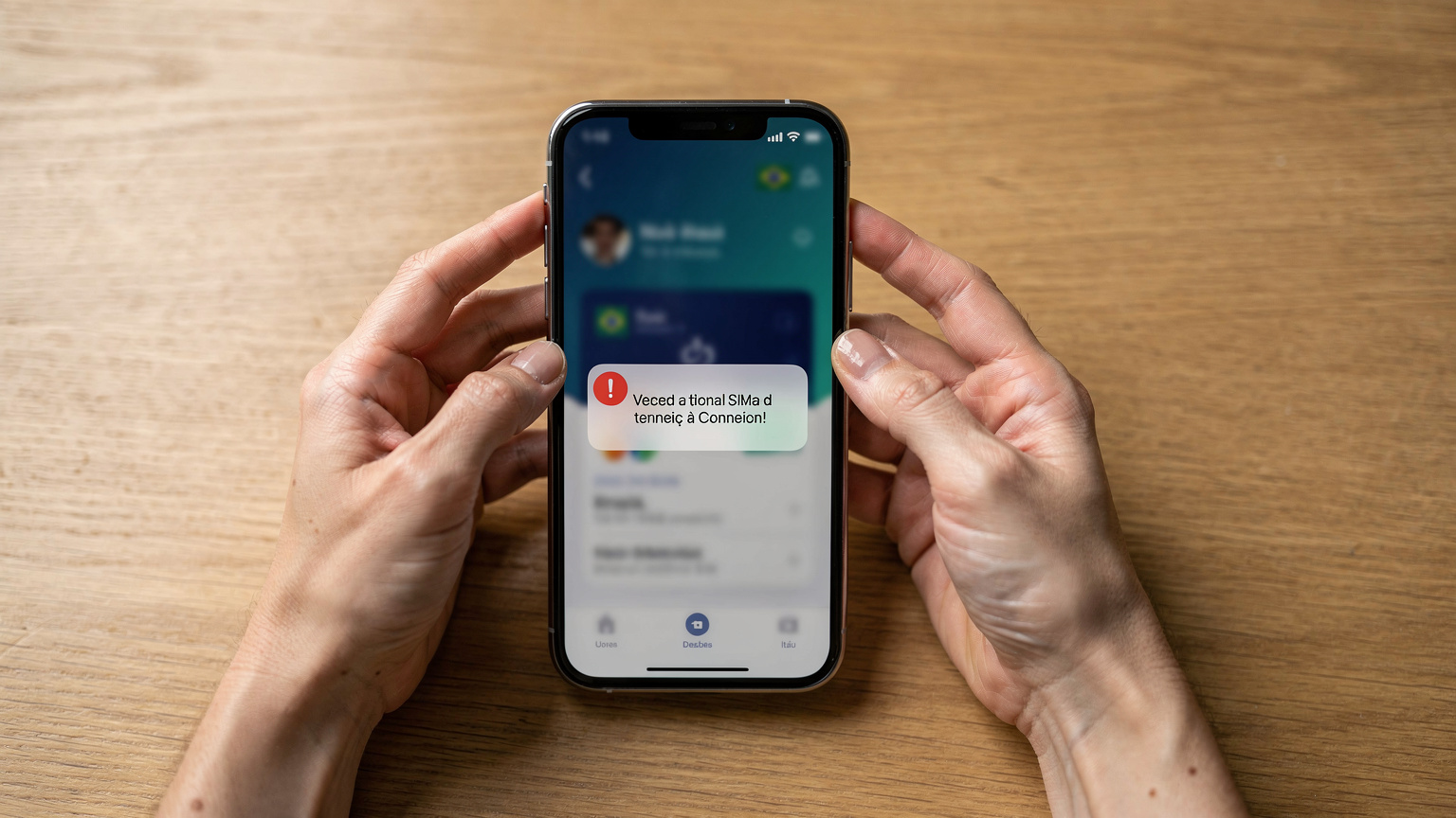 Des mains féminines tenant un smartphone affichant une application bancaire brésilienne, avec un message d'erreur de connexion, soulignant la nécessité d'une connexion stable.