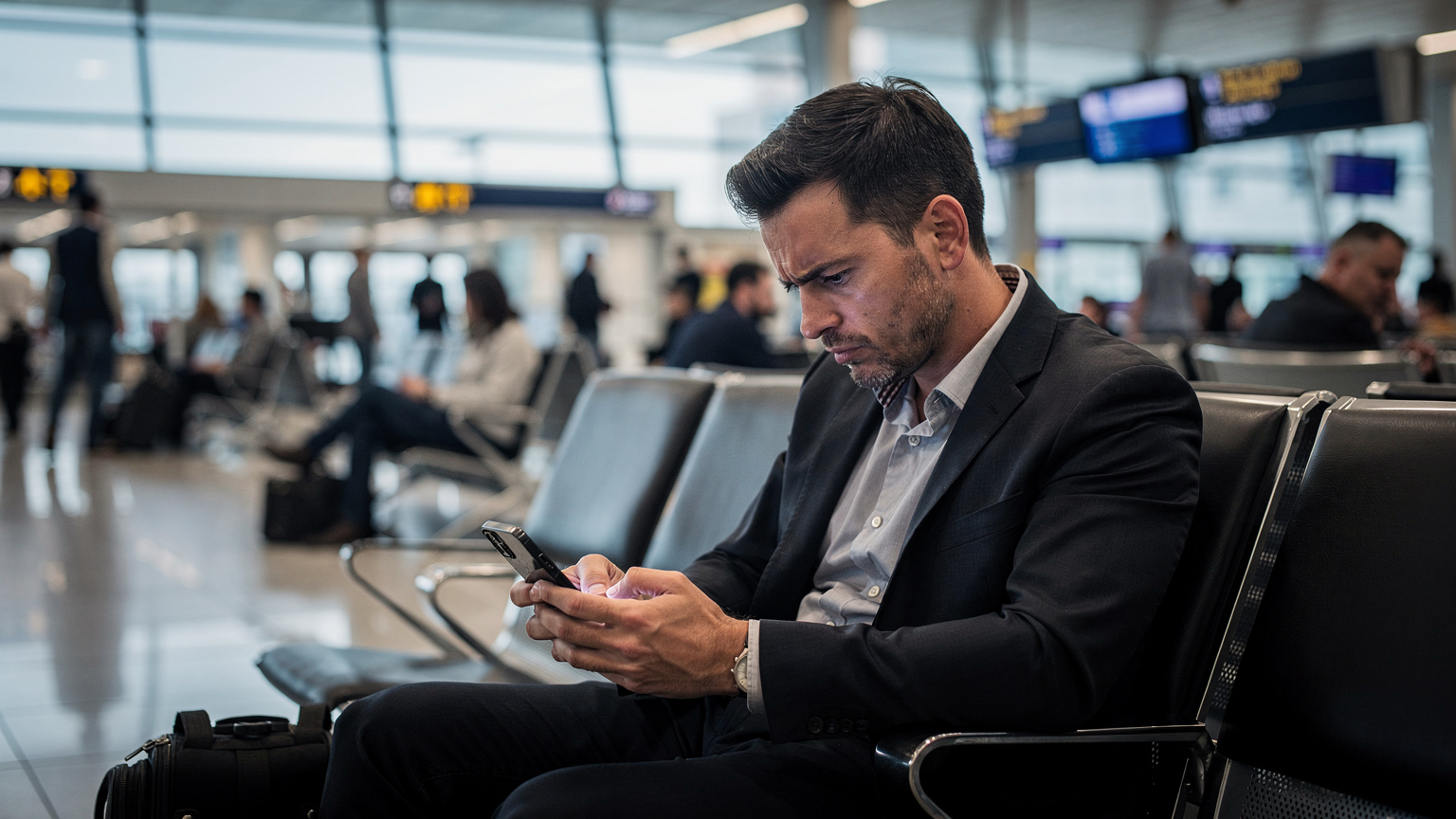 Un homme d'affaires frustré regarde son téléphone sans signal alors qu'il est assis seul dans un aéroport bondé avec un sac à dos et une valise à ses pieds.
