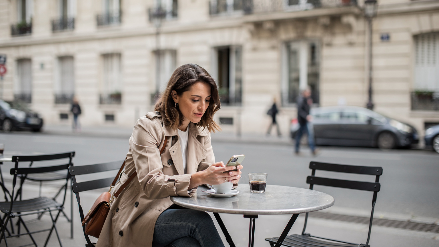 Une femme utilise son smartphone à une table en terrasse d'un café parisien typique, avec des passants et des bâtiments haussmanniens en arrière-plan.