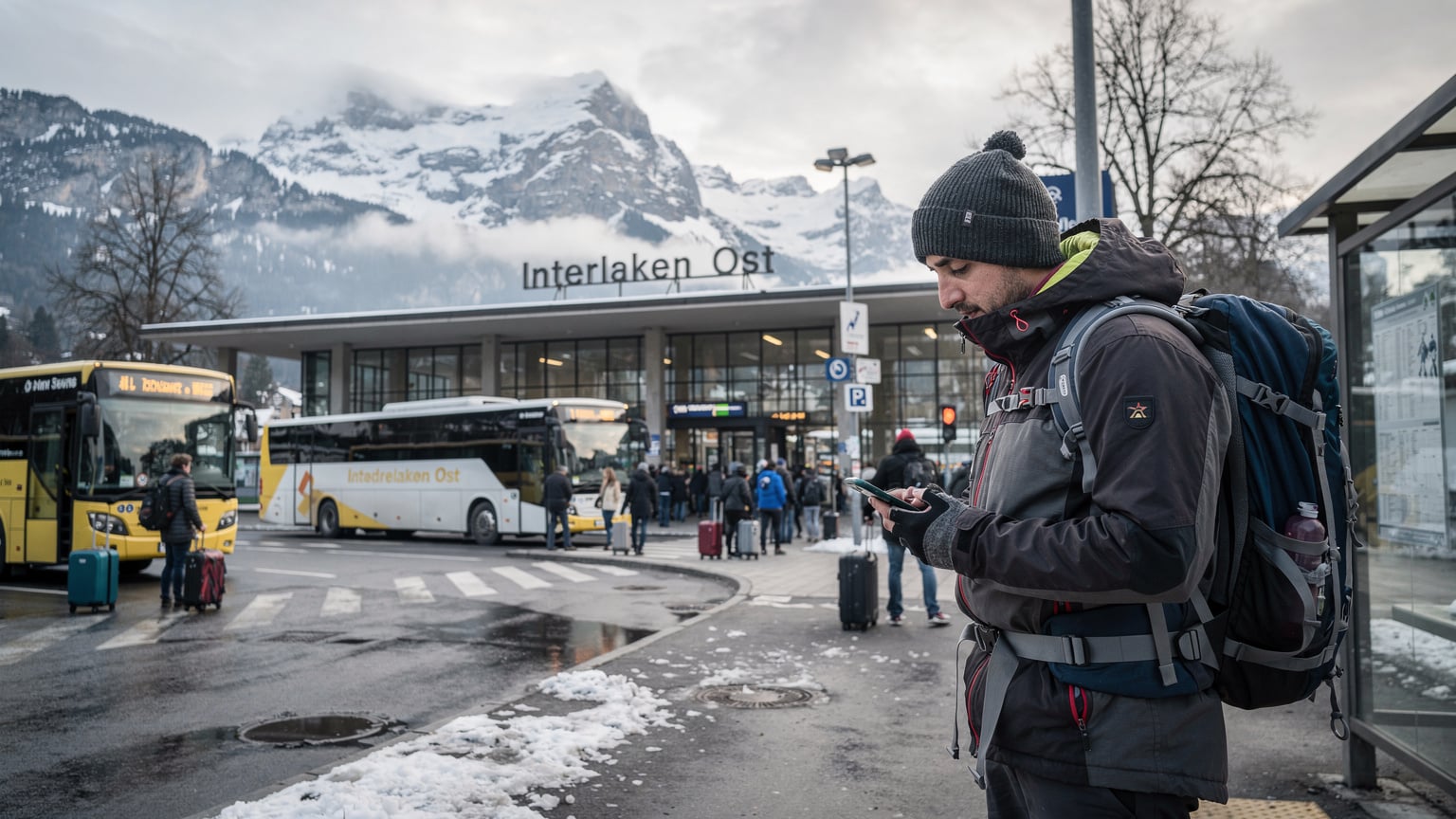 Un călător român, cu un rucsac de ski, așteaptă la o stație de autobuz aglomerată în fața gării din Interlaken, verificându-și telefonul pentru orarul transportului public, cu munții înzăpeziți în fundal.
