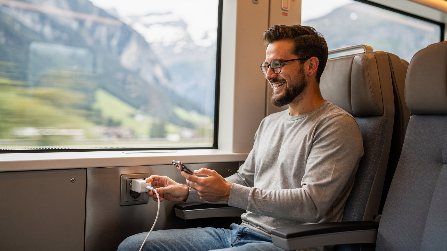 Un barbat cu ochelari și barba, cu un look de nomad digital, zâmbește în timp ce își încarcă telefonul la o priză publică într-un tren elvețian modern, având în fundal peisaje montane care trec rapid pe lângă fereastră.