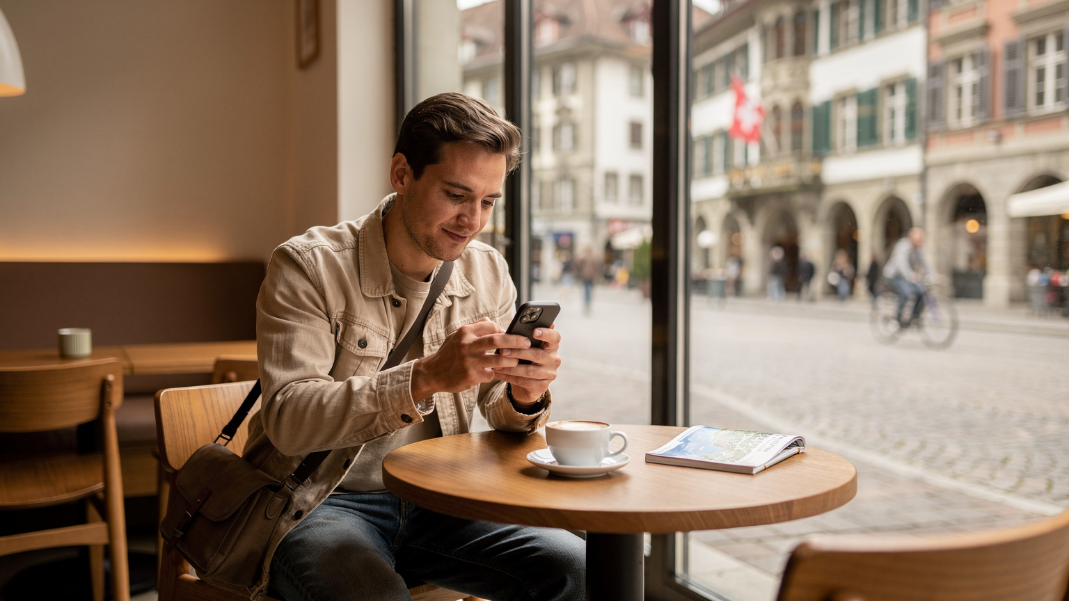 Un călător își activează eSIM-ul pe telefon, stând la o masă într-o cafenea modernă și elegantă din centrul orașului Berna, având o priveliște a străzii aglomerate prin fereastră.