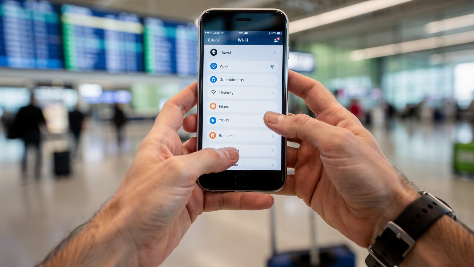 O persoană, cu mâinile vizibile, ține un smartphone și încearcă să navigheze prin meniurile de configurare a rețelei, cu o expresie ușor frustrată, într-un terminal aglomerat de aeroport, undeva în Europa.