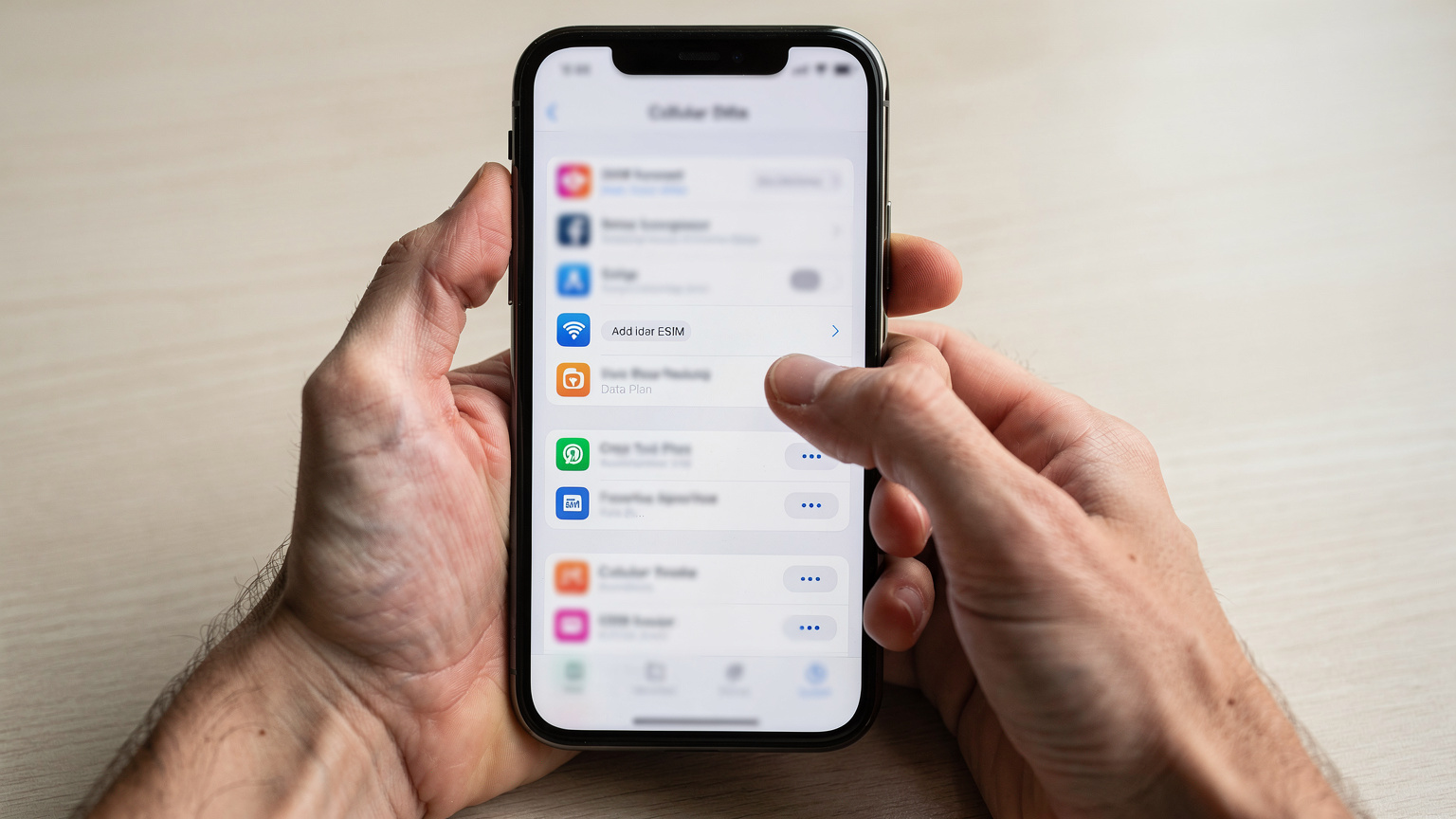 Nahaufnahme von Händen, die ein modernes Smartphone halten, wobei der Bildschirm die 'Mobilfunk'-Einstellungen zeigt, um die Option zum Hinzufügen einer eSIM zu finden.
