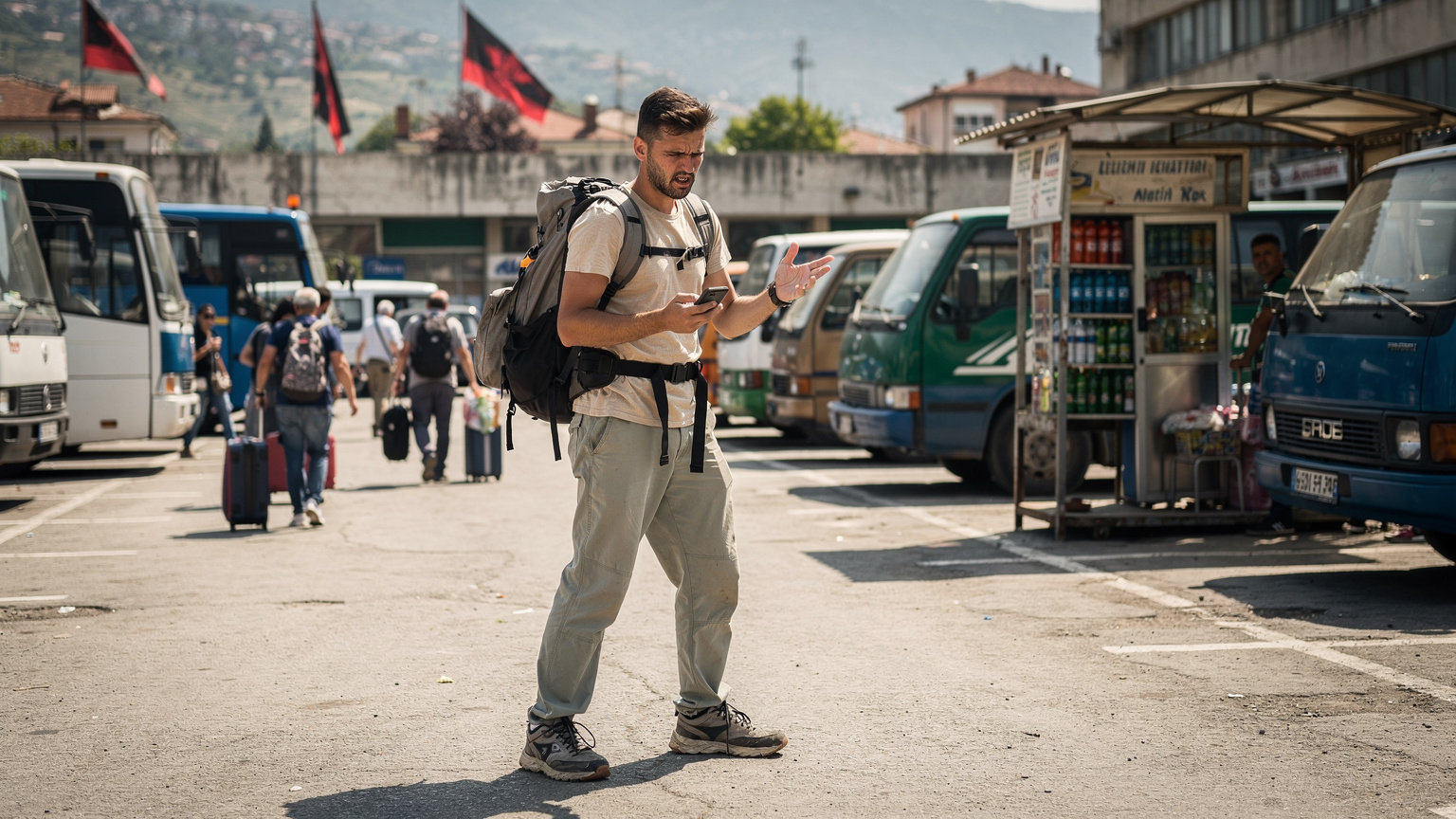 Ein junger Mann mit Rucksack, der am belebten Busbahnhof von Tirana, Albanien, steht und frustriert auf sein Smartphone schaut, da er keine Internetverbindung hat, um seine Route zu prüfen.