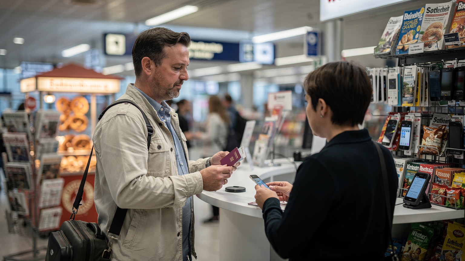 Ein Reisender kauft an einem kleinen, typisch deutschen Kiosk am Flughafen München eine lokale SIM-Karte und hält seinen deutschen Reisepass bereit.