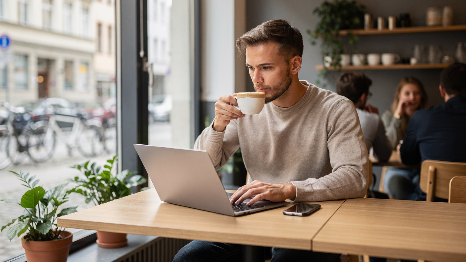 Ein junger Mann sitzt entspannt in einem modernen Münchner Café, trinkt einen Cappuccino und arbeitet an seinem Laptop, während sein Smartphone mit aktiver eSIM daneben liegt.
