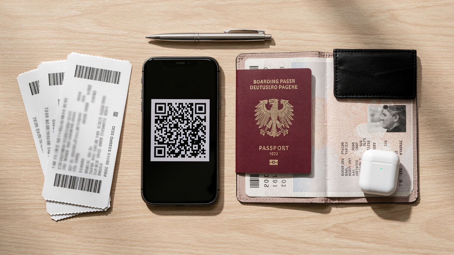 Ein Smartphone-Bildschirm zeigt einen eindeutigen QR-Code für die eSIM-Installation, daneben liegen ein offener Reisepass und Flugtickets auf einem Schreibtisch, bereit für eine Reise.