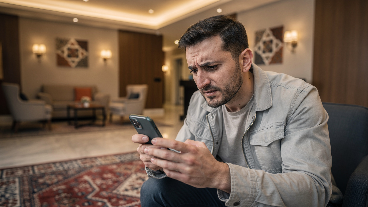 İstanbul'da bir otelin lobi alanında, endişeli görünen bir gezgin akıllı telefon ekranına bakıyor, muhtemelen eSIM bağlantı sorununu çözmeye çalışıyor. Arka planda Türk motifli bir dekorasyon var.