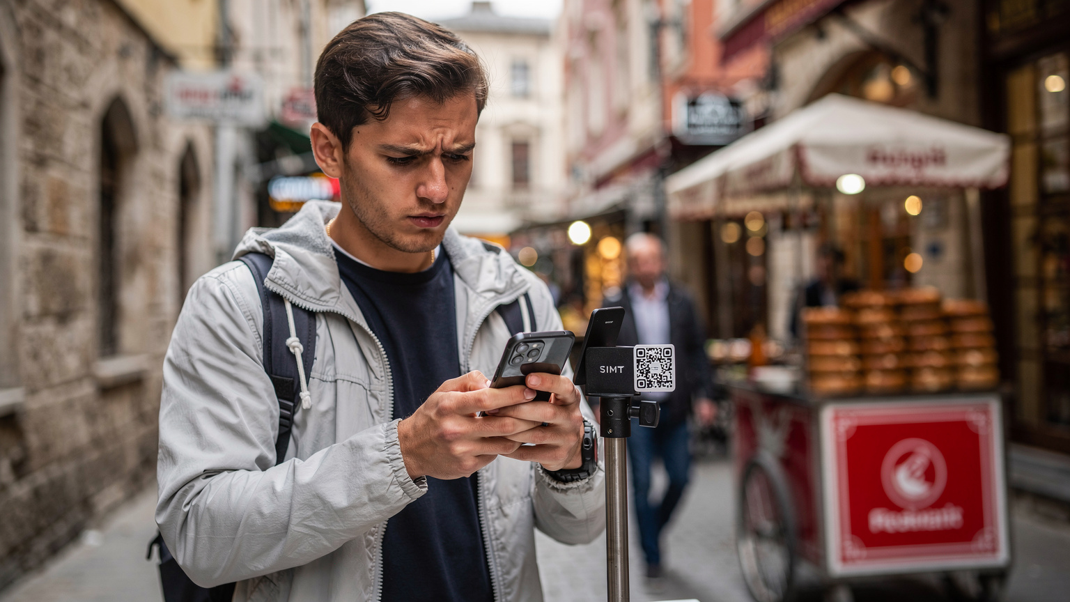 İstanbul'un hareketli bir sokağında, elinde akıllı telefonunu tutan bir gezgin, eSIM QR kodunu tarayarak bağlantı kurmaya çalışıyor. Arka planda tarihi binalar ve yerel satıcılar seçilebiliyor.