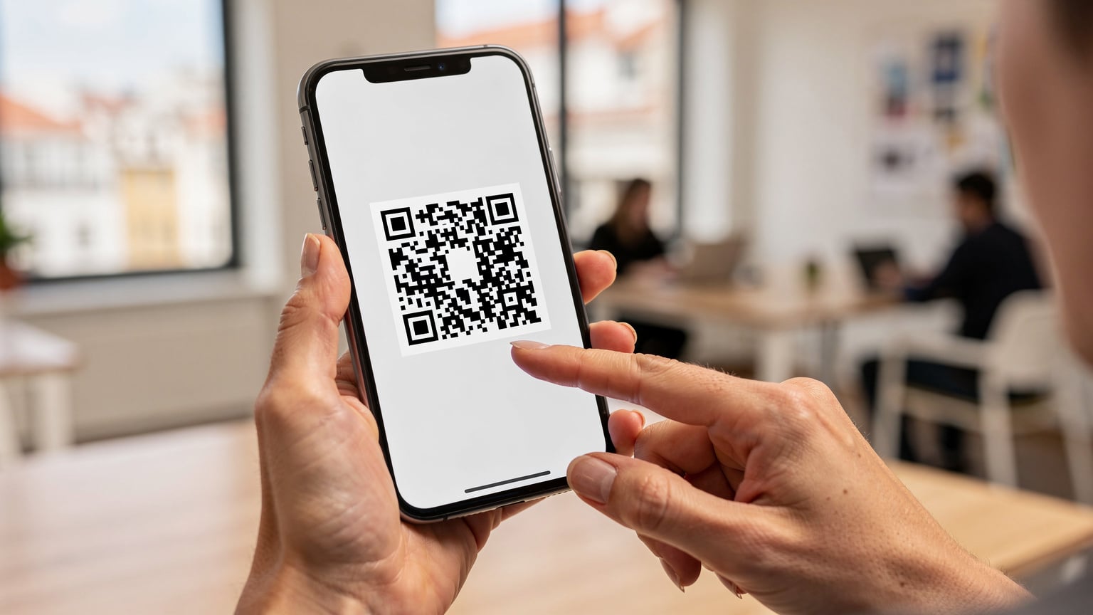 A woman's hands holding a smartphone displaying a QR code, with a subtle blur of a co-working space in the background, ready for eSIM scanning.