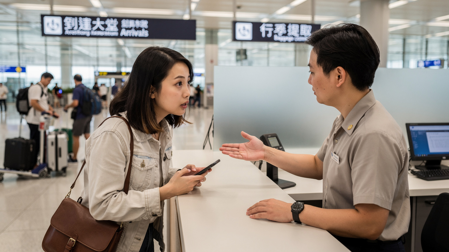 一名女性旅客在香港機場的電信服務櫃檯前,手持智能手機,面露困惑地與工作人員溝通,背景是繁忙的機場大廳。