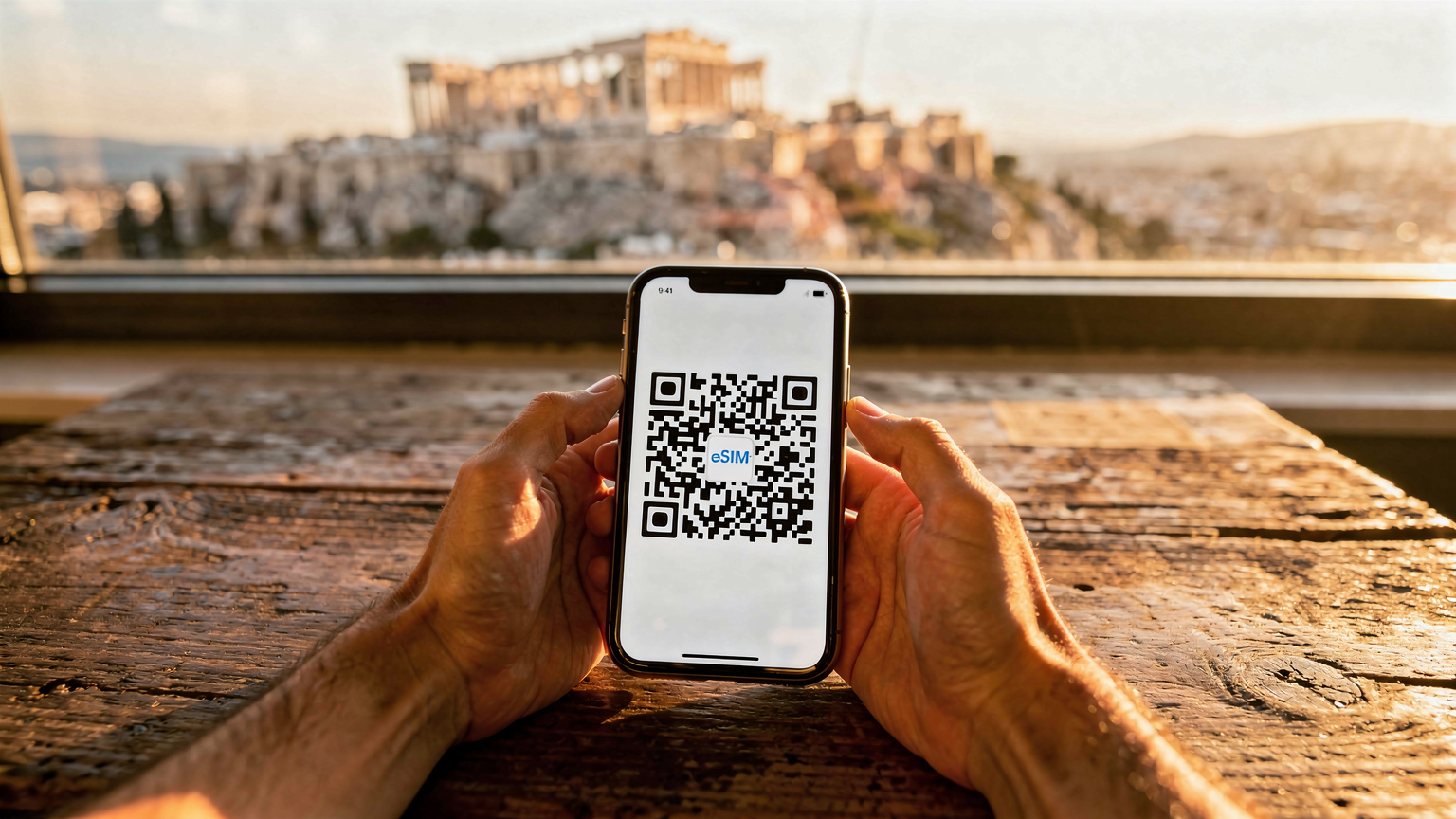 一名旅行者在雅典衛城前的咖啡館,手持手機,掃描Cellesim eSIM的QR Code,陽光透過窗戶灑在桌面上。