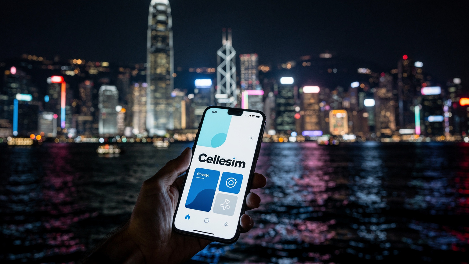 一名手持智能手機的旅行者,屏幕上清晰顯示Cellesim應用界面,背景是香港維多利亞港的夜景,城市燈光璀璨。