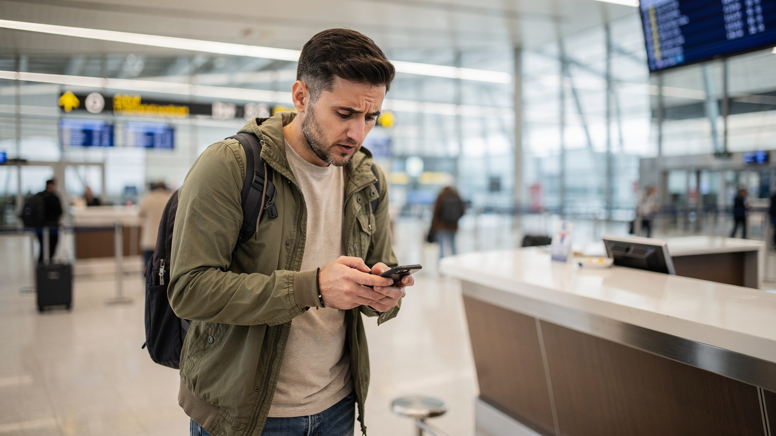 Ein Reisender am Flughafen Tiflis schaut besorgt auf sein Smartphone, während er versucht, seine eSIM zu aktivieren, was die potenziellen Schwierigkeiten beim eKYC-Prozess verdeutlicht.