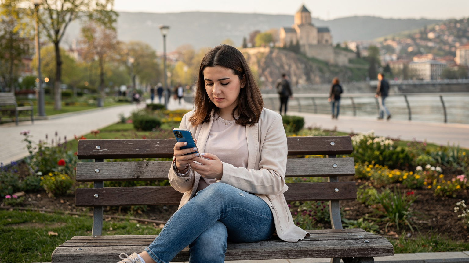 Eine junge Frau in Tiflis navigiert durch den eKYC-Prozess auf ihrem Smartphone, während sie auf einer Parkbank sitzt.