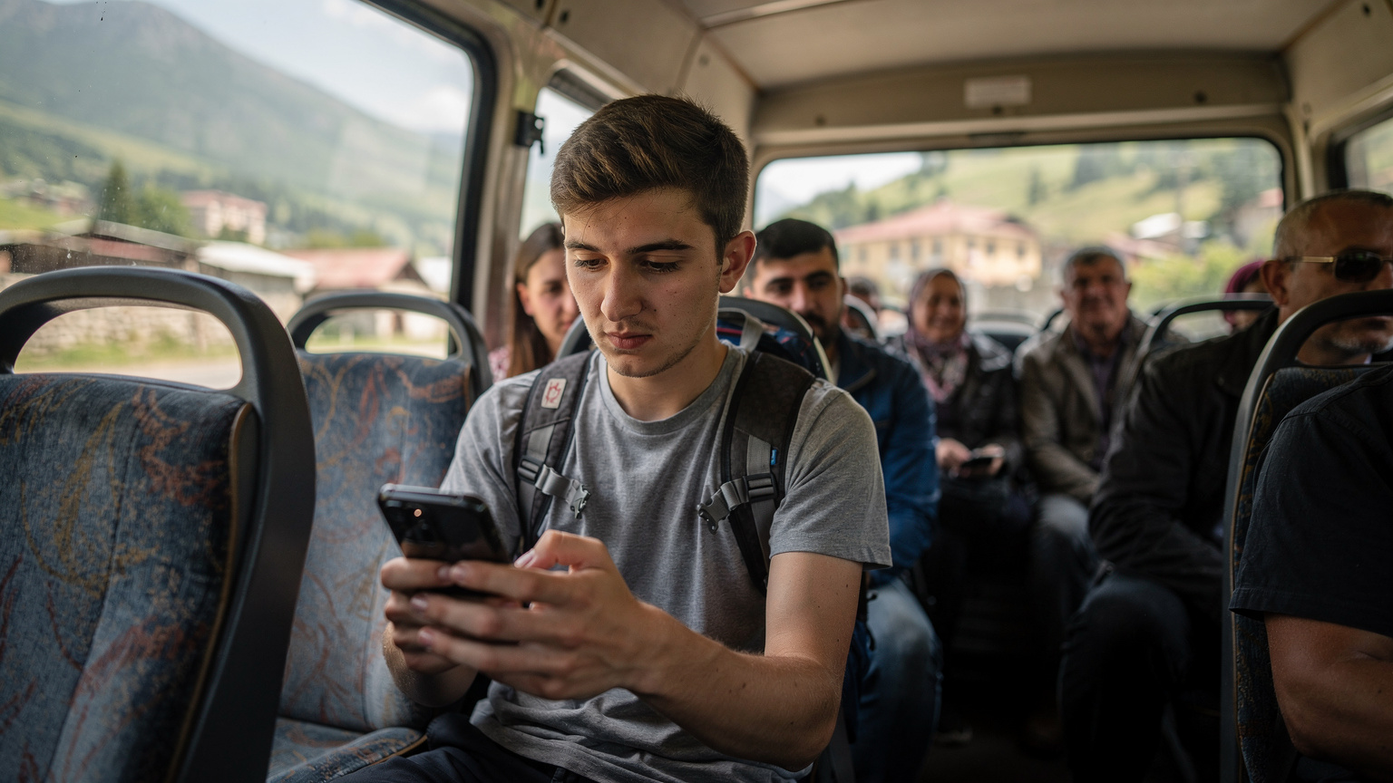 Ein junger Reisender sitzt in einem georgischen Marschrutka, dem lokalen Minibus, und optimiert seine Datennutzung auf dem Smartphone, indem er Apps im Hintergrund schließt.