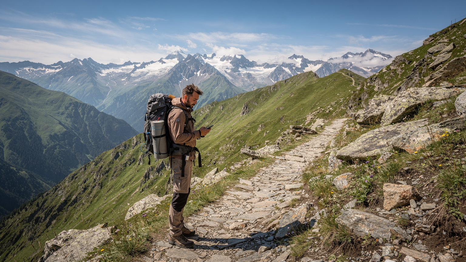 Ein Wanderer mit Rucksack und Smartphone auf einem Bergpfad im Kaukasus, der die Freiheit und Konnektivität einer regionalen eSIM symbolisiert.