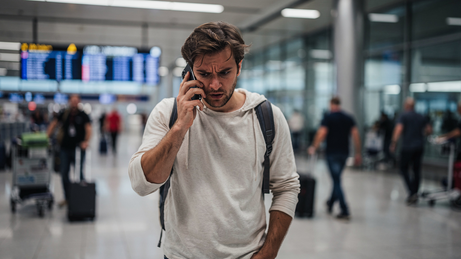 Un nomade digitale visibilmente frustrato che tiene lo smartphone, con uno sguardo preoccupato mentre cerca di risolvere un problema di connessione in un aeroporto affollato, con altri viaggiatori in movimento sullo sfondo.