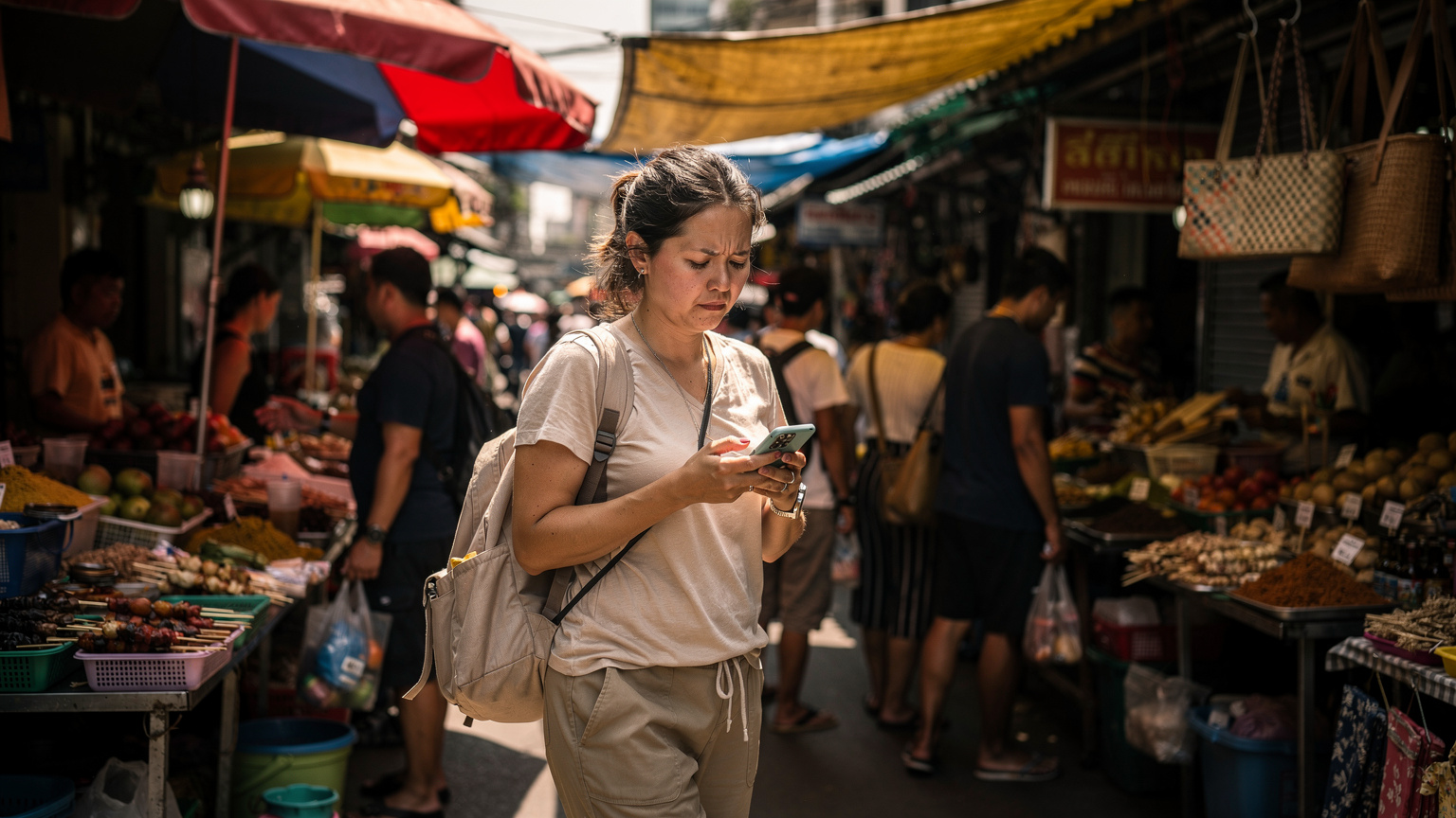 Una donna nomade digitale con il telefono in mano, mentre cammina per le vie affollate di un mercato locale a Bangkok, circondata da colori vivaci e banchetti di cibo.