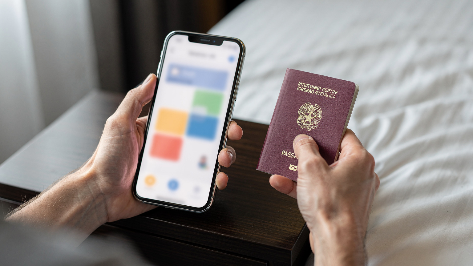 Un primo piano delle mani di una persona che tiene uno smartphone e un passaporto, con lo schermo del telefono che mostra un'interfaccia di attivazione eSIM, su un tavolo di legno scuro in una stanza d'albergo.