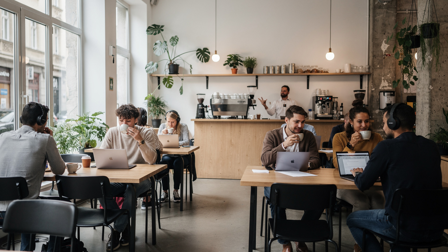Un caffè moderno e luminoso con persone che lavorano sui loro laptop, sorseggiando caffè, in un co-working space nel quartiere di Kreuzberg a Berlino.
