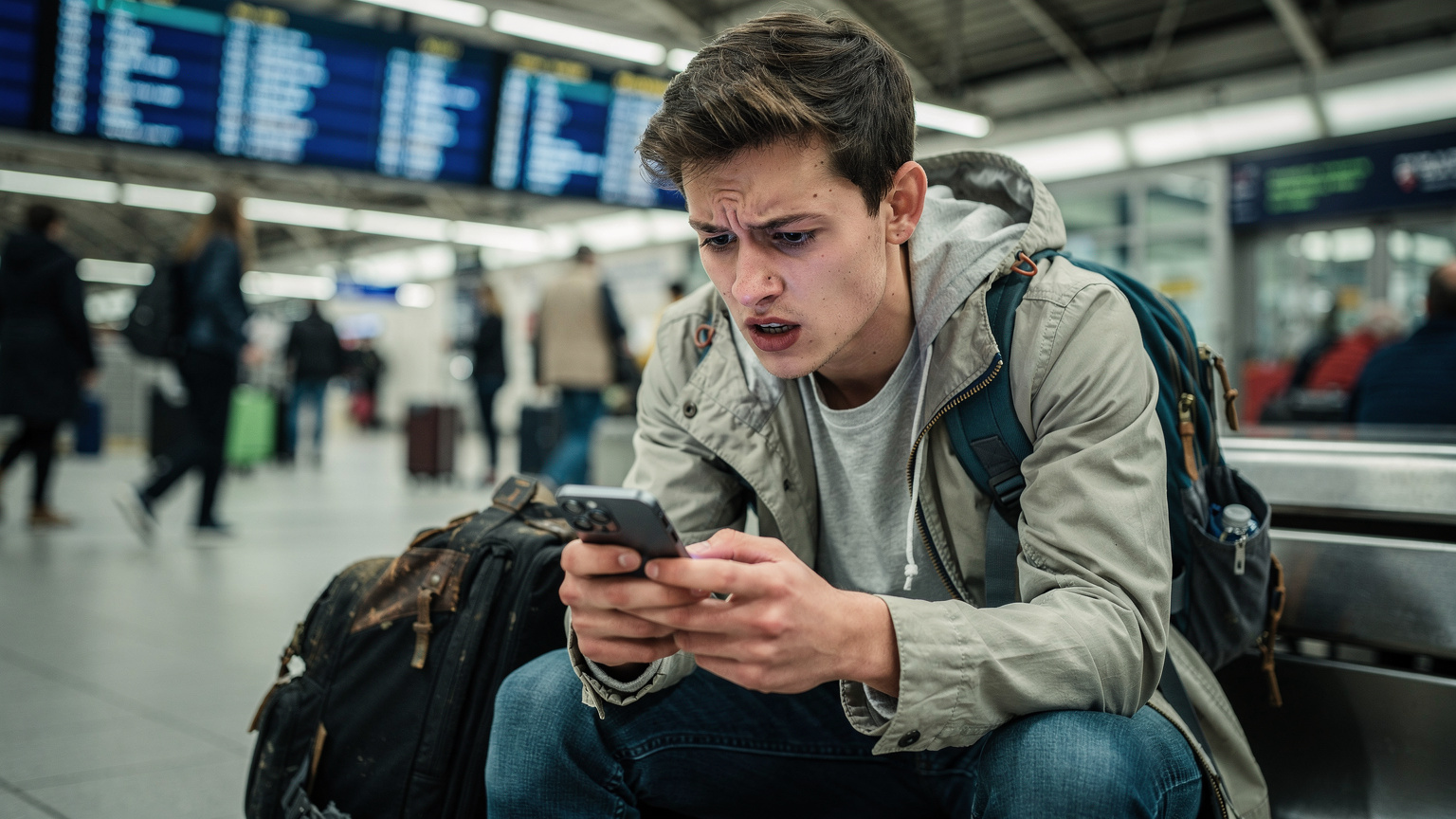 Un joven viajero, frustrado, mira la pantalla de su teléfono en un banco de una estación de tren concurrida, rodeado de maletas y personas que pasan, sugiriendo problemas de conectividad.