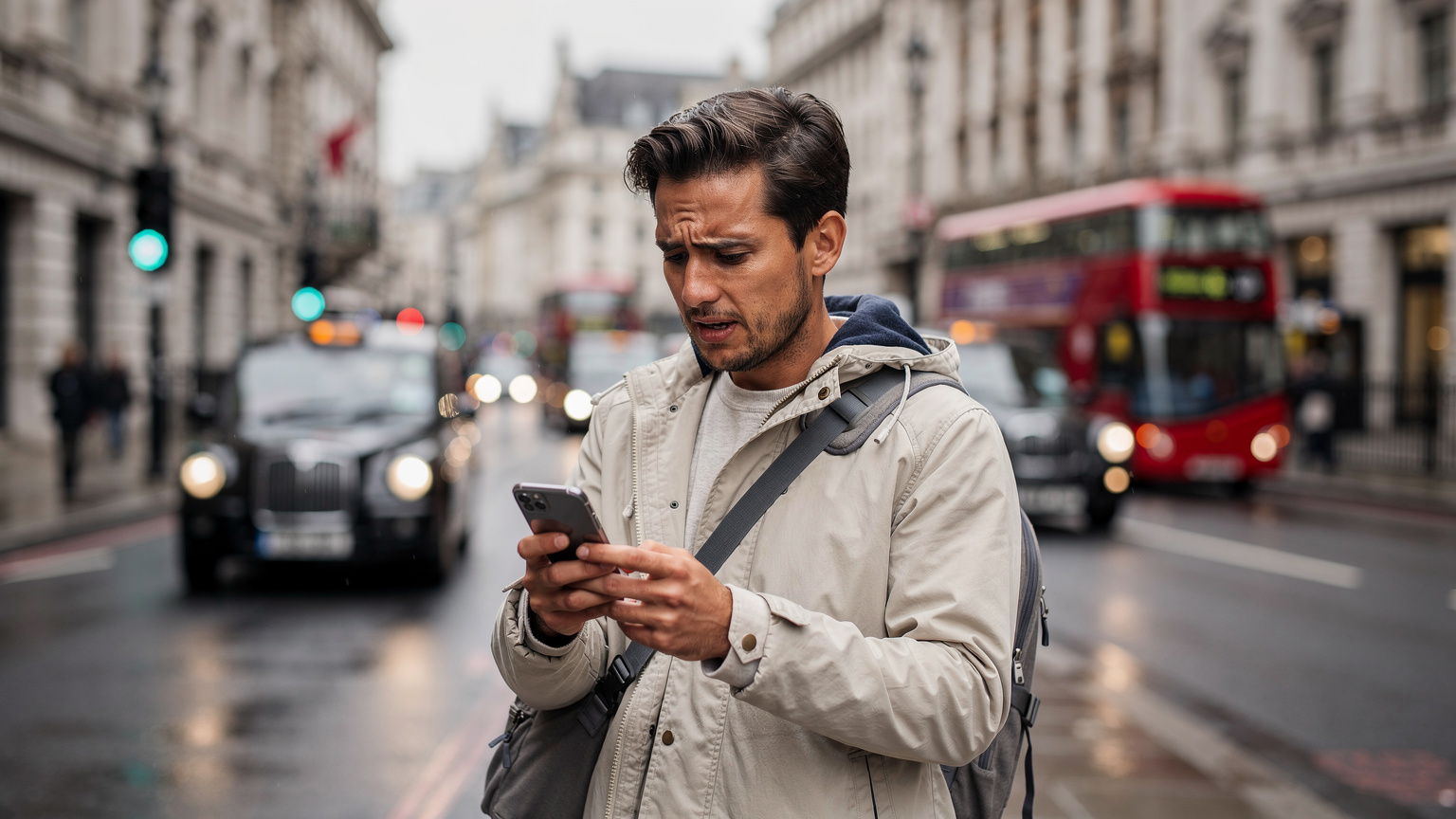 Un viajero consulta su teléfono, buscando una conexión fiable en las bulliciosas calles de Londres, con un taxi negro pasando al fondo.