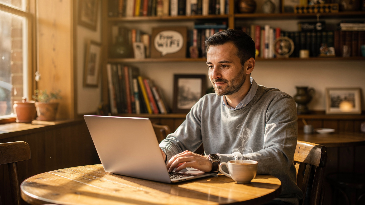 Un café acogedor en el barrio de Fitzrovia, Londres, con un cartel de 'WiFi gratis' y un viajero trabajando tranquilamente en su portátil, disfrutando de un té.
