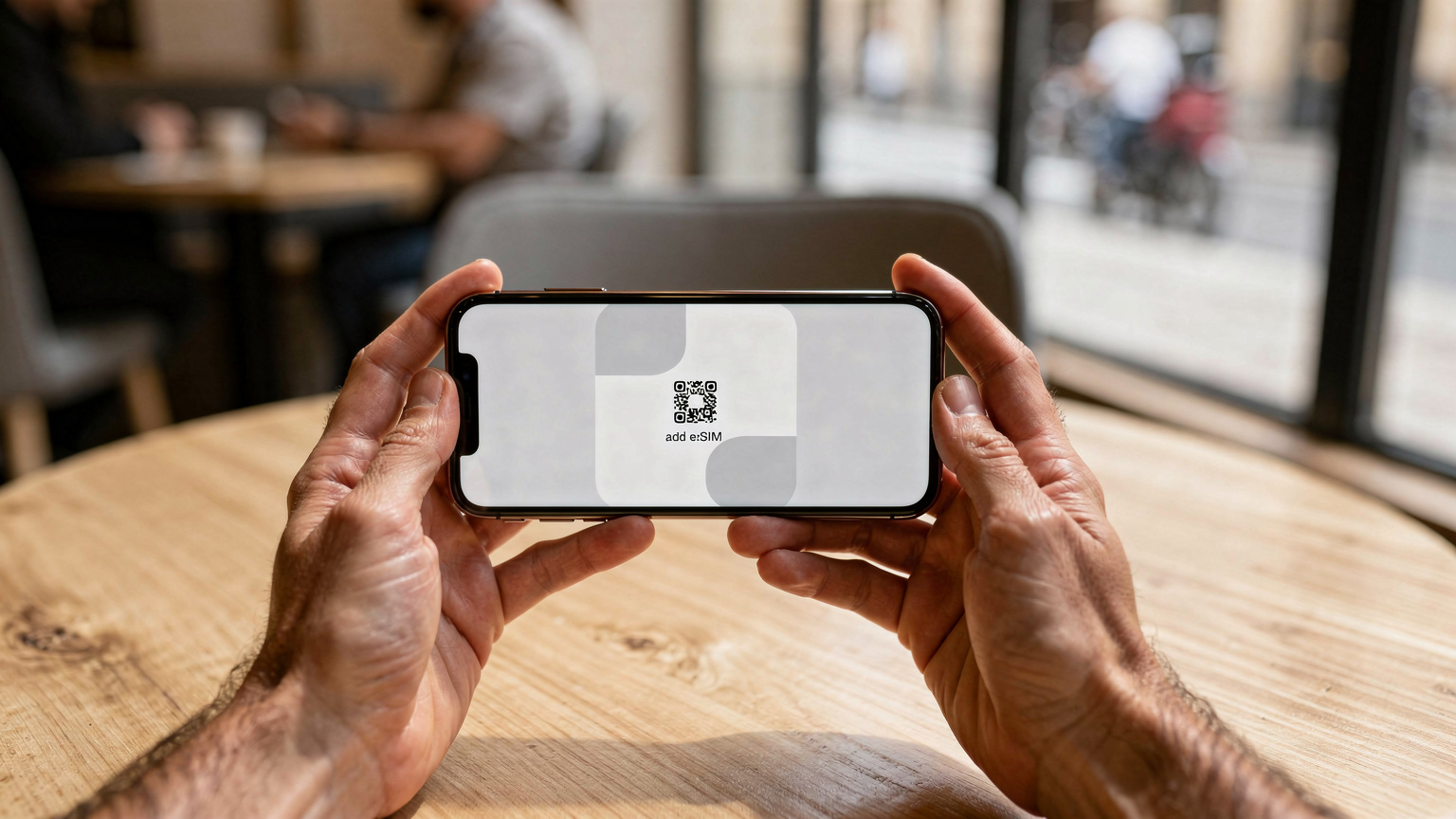 Unas manos humanas sosteniendo un smartphone con una pantalla de configuración de eSIM, mostrando la opción de escanear un código QR. El fondo es un interior de cafetería moderno y luminoso.