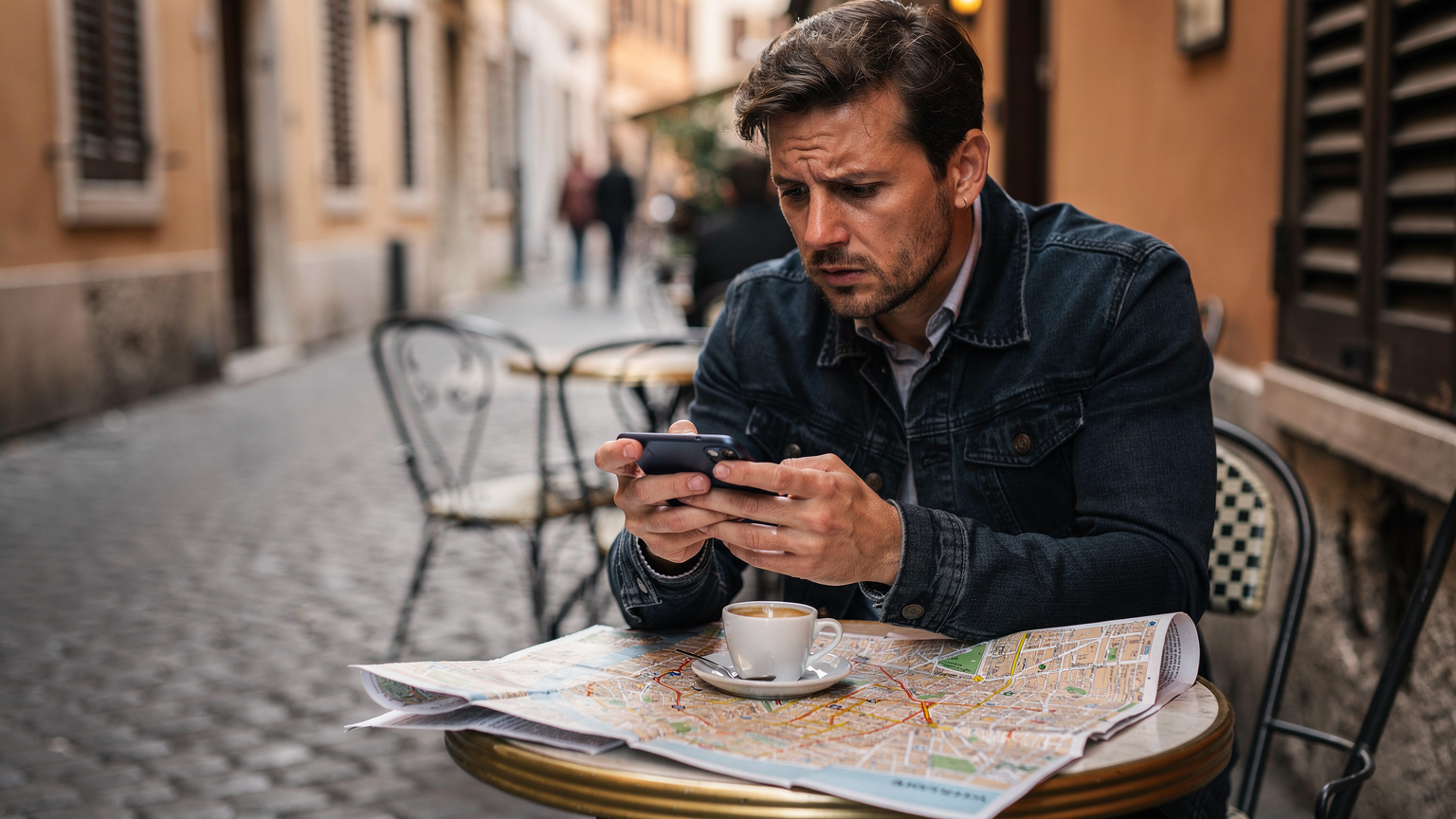 Un viajero frustrado en un café en Roma, mirando su smartphone con una expresión de preocupación, mientras intenta solucionar un problema de conexión. Un café expreso y un mapa de la ciudad están sobre la mesa.