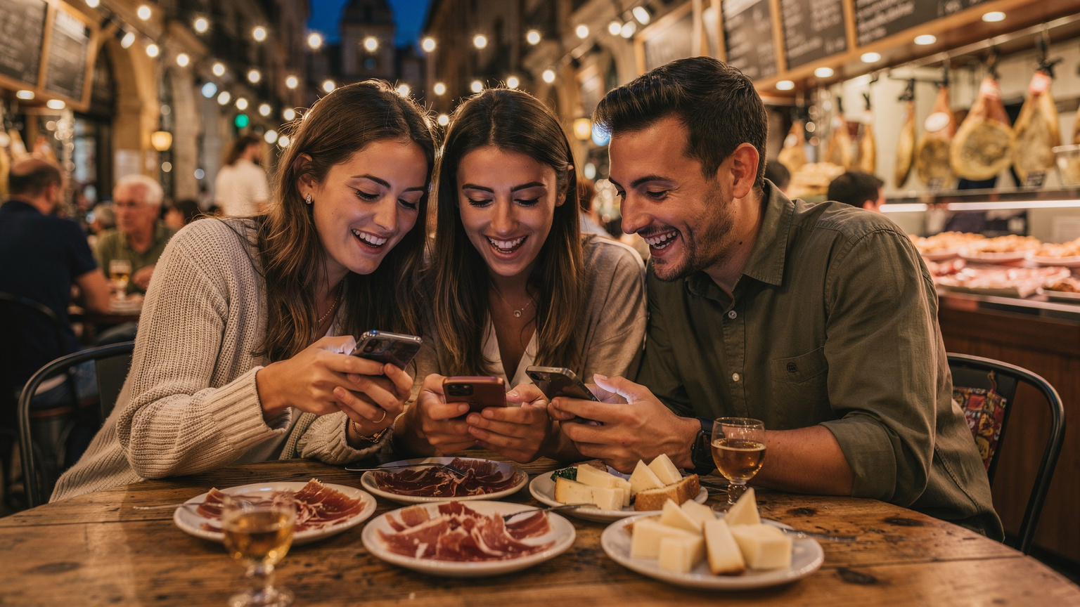 Un grupo de amigos españoles riendo y compartiendo fotos en un concurrido mercado de tapas en Sevilla, con sus smartphones en mano, conectados sin problemas.