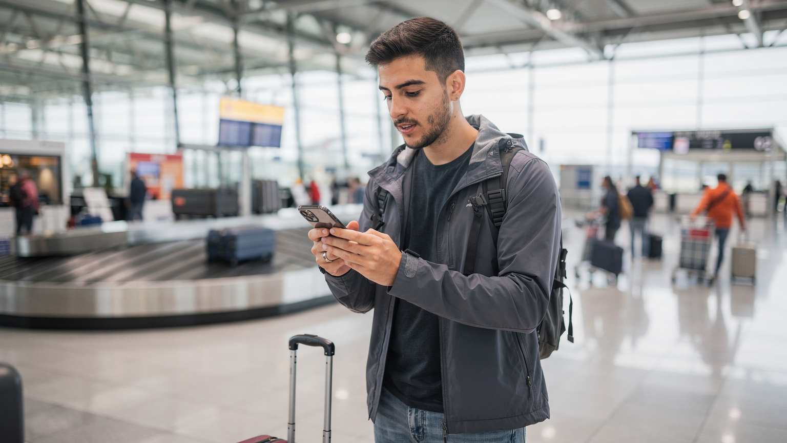 Un viajero español en el Aeropuerto de Barajas, utilizando su teléfono para escanear un código QR de eSIM, con el bullicio de la terminal de fondo.