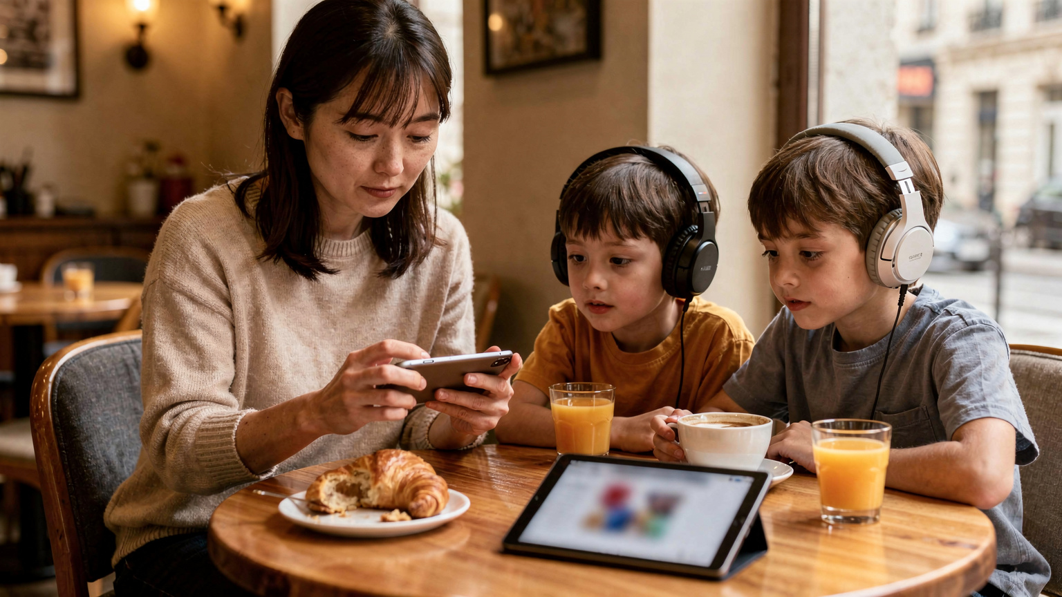 カフェで、母親がスマートフォンでeSIMの設定画面を見ながら、子どもたちがiPadで動画を視聴している様子。手元にはコーヒーと軽食が置かれている。