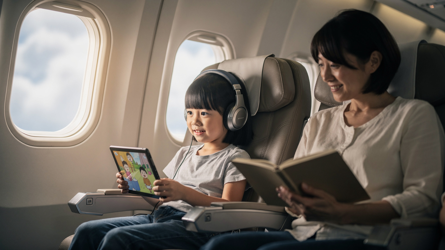 飛行機の中で、子どもがヘッドホンをしてタブレットで動画を見ている。横で親が本を読んでいる。