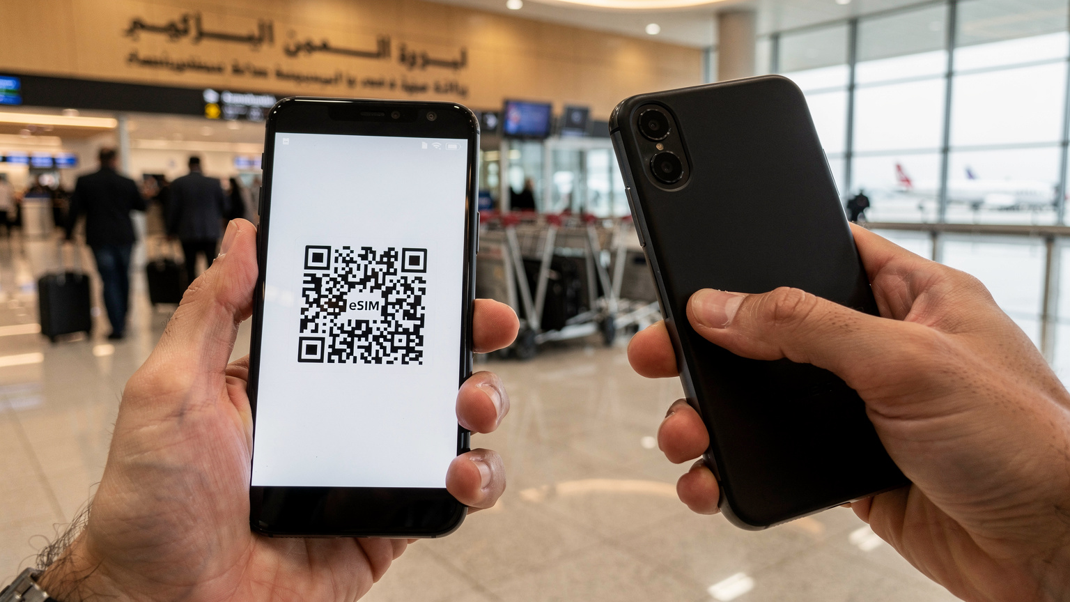 Ręce trzymające smartfon, na ekranie którego widać proces skanowania kodu QR do aktywacji eSIM w Maroku, z rozmazanym tłem lotniska.