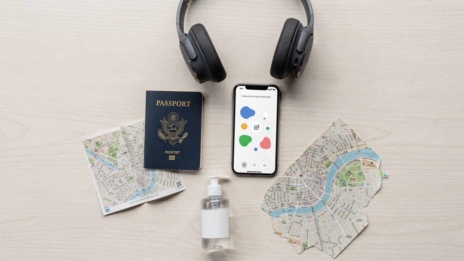 An overhead flat-lay of travel essentials: a passport, a smartphone with an eSIM app visible (generic UI), noise-cancelling headphones, a small bottle of hand sanitizer, and a printed map snippet, all on a light-colored surface.
