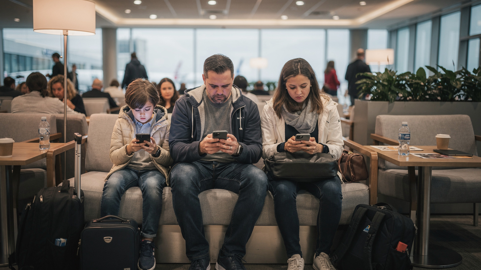 A family of four, including two children, looking frustrated at their phones in a crowded airport lounge, indicating connectivity issues.