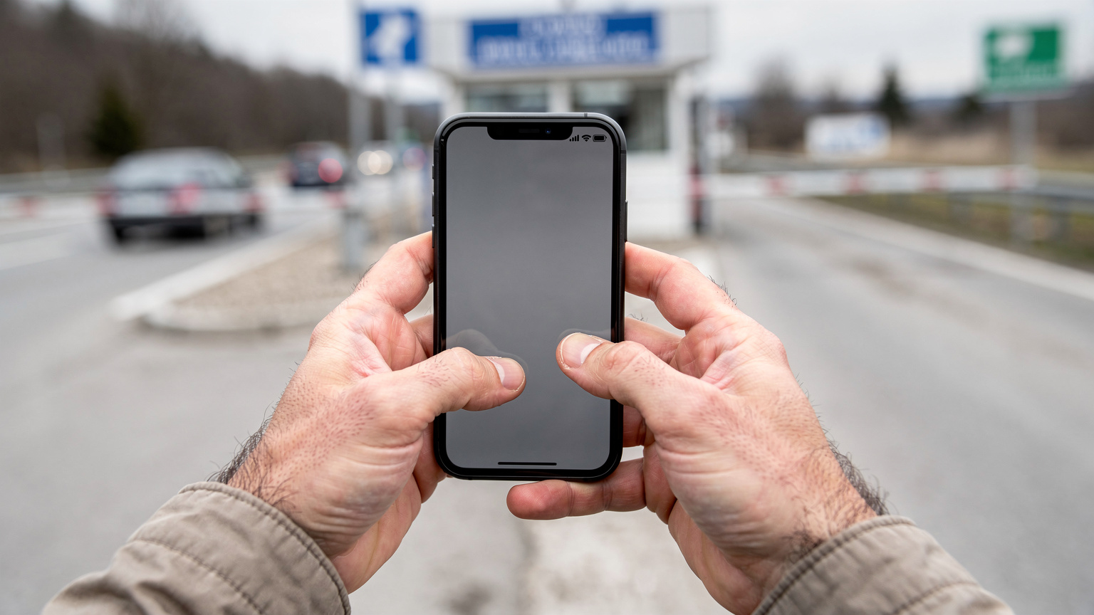 Mani di un viaggiatore che scorrono sull'app di Cellesim sul suo smartphone, con uno sfondo sfocato di un confine terrestre europeo, come quello tra Slovenia e Croazia.