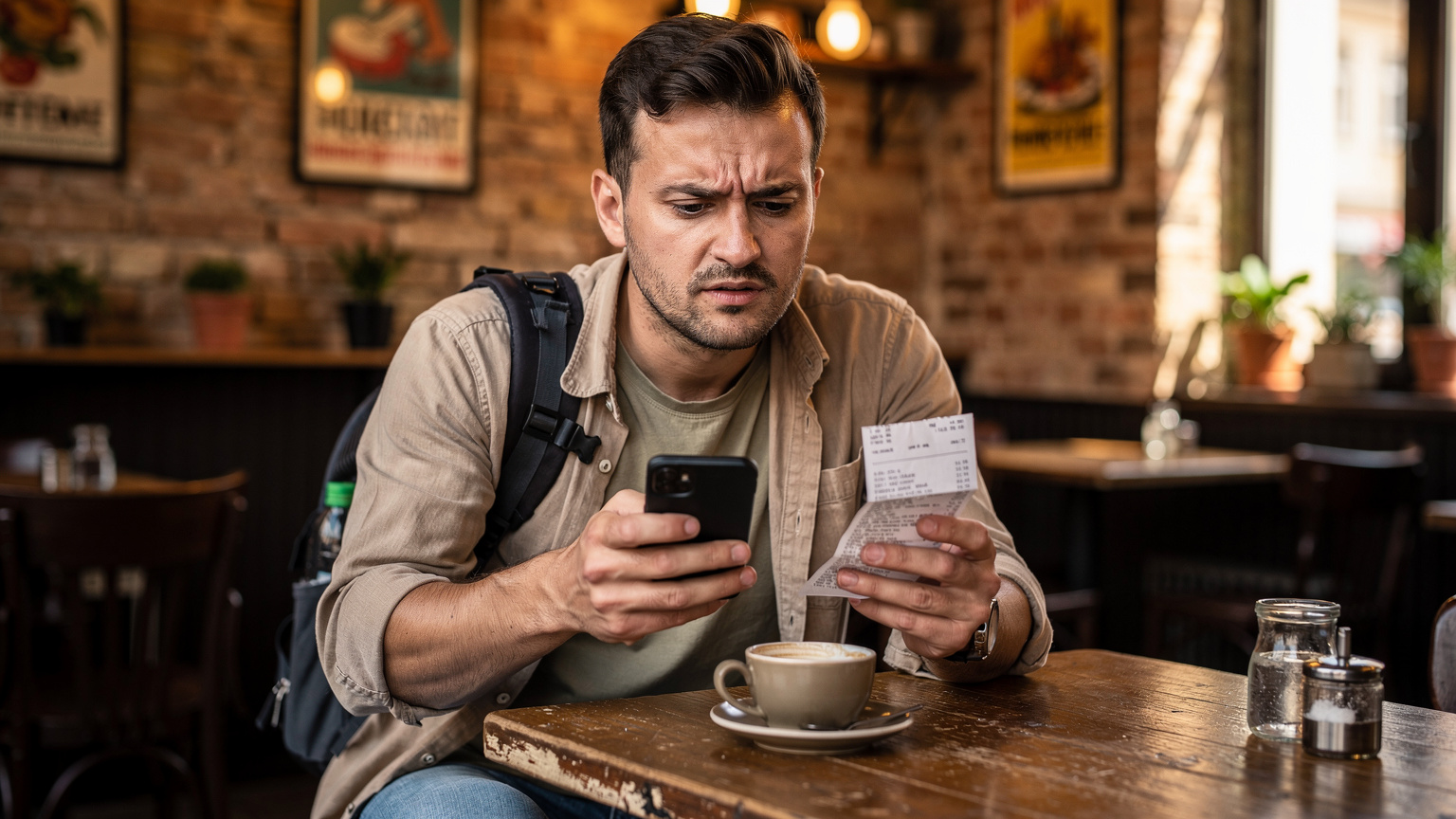 Un backpacker sta leggendo la bolletta del telefono in un caffè di Budapest, con espressione preoccupata, mentre confronta i costi del roaming.