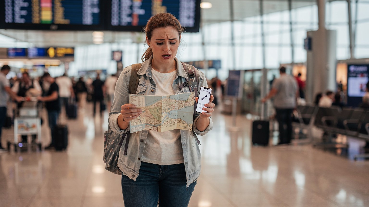 Un viaggiatore guarda con aria perplessa una mappa cartacea in un aeroporto affollato, mentre il suo telefono mostra un'icona di 'nessun segnale' o 'roaming non disponibile'.