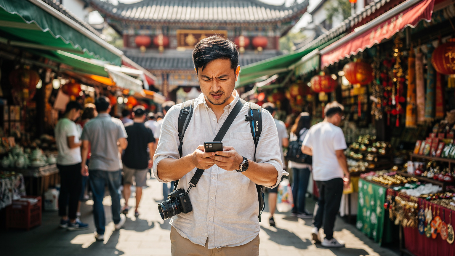 上海の賑やかな市場で、旅行者がスマートフォンを手に困惑した表情を浮かべている様子。VPNの接続不良で困っている状況。