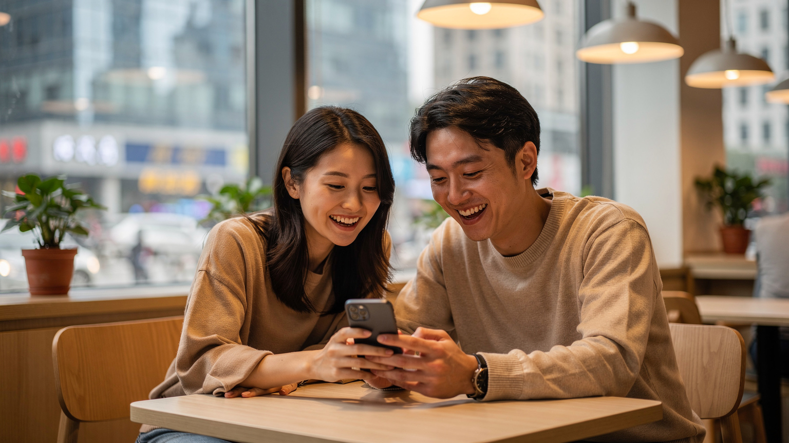 中国のモダンなカフェで、友人同士がスマートフォンを囲んで、SNSで旅の思い出を共有しながら談笑している様子。背景には高層ビルが見える。