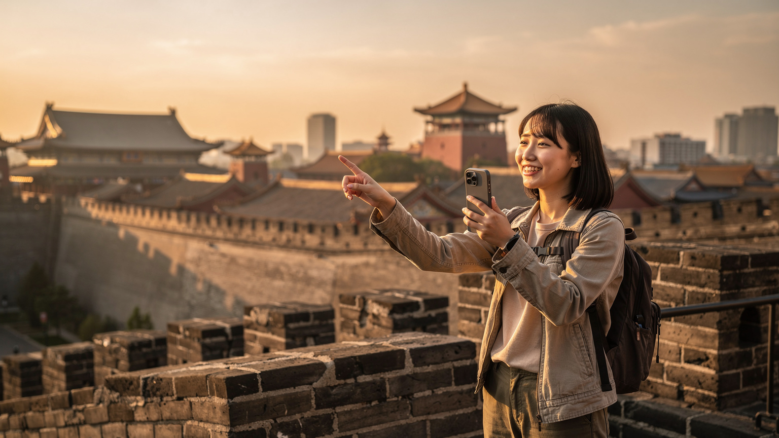 中国の古都、西安の城壁の上で、若い旅行者がスマートフォンを操作し、友人とのビデオ通話を楽しんでいる様子。背後には夕焼けに染まる街並みが広がる。