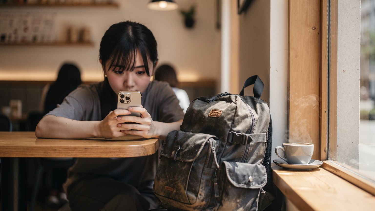 ソウル市内のカフェで、若い女性がiPhoneの画面を真剣に見つめ、eSIM設定の最終確認をしている。隣には使い込まれたバックパックとコーヒーカップ。