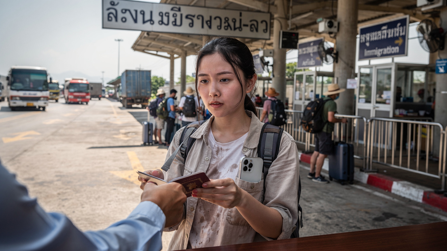 タイとラオスを結ぶ友好橋の国境検問所で、パスポートを提示するバックパッカーの女性。彼女のiPhoneが胸ポケットから少し見えており、背景にはバスやトラック、そして異国情緒あふれる看板が並ぶ。