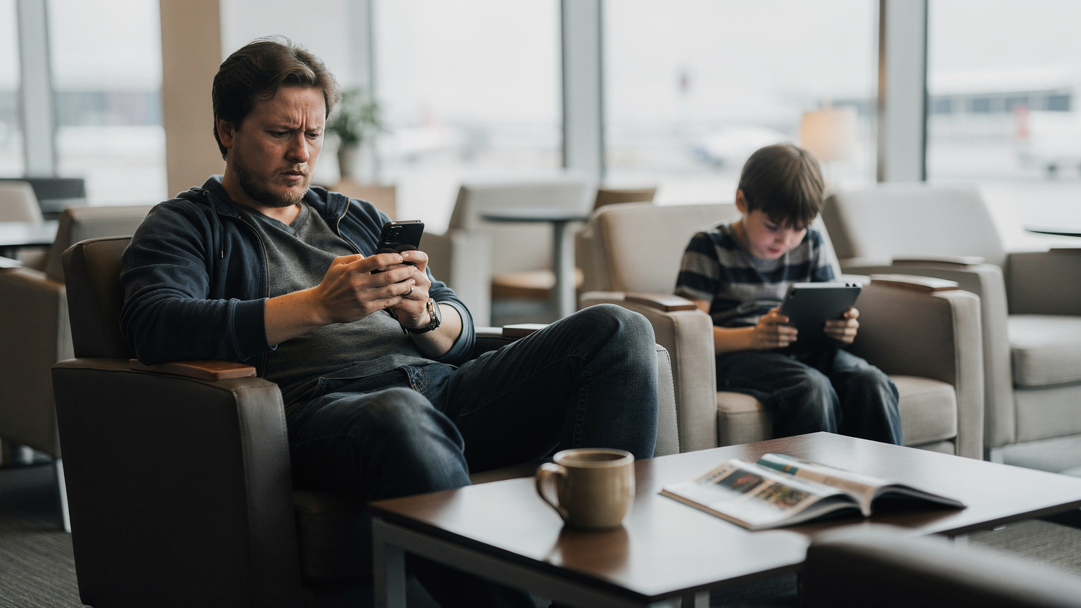 En förälder ser irriterad ut på sin telefon medans barnet i bakgrunden spelar på en surfplatta. Scenen är i en flygplatslounge eller hotellobby.