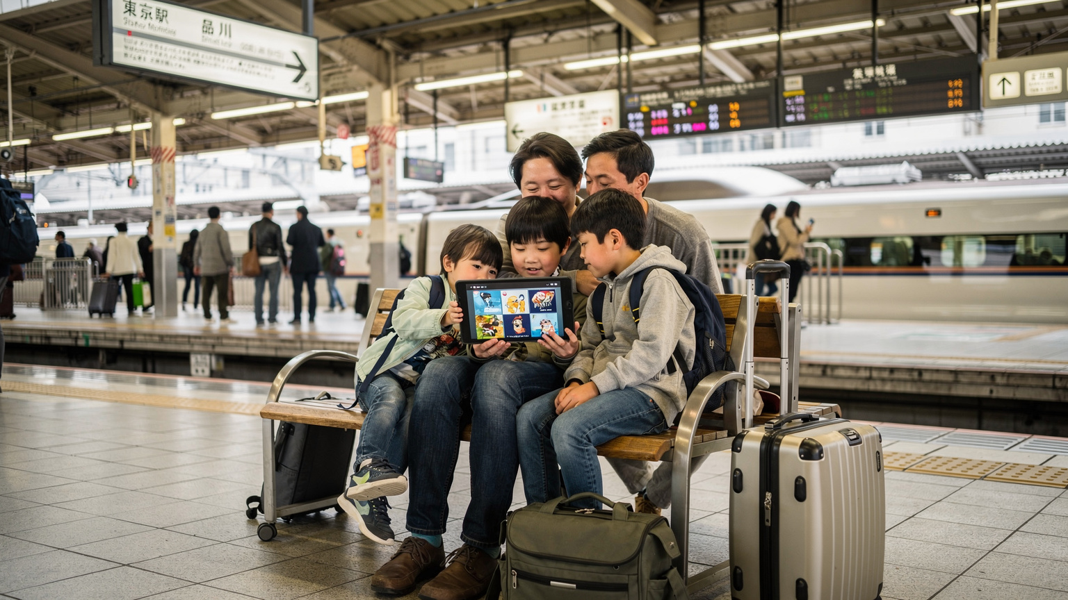 En familj sitter på en tågstation i Japan, en förälder förbereder en surfplatta med offline-appar för barnen inför resan.